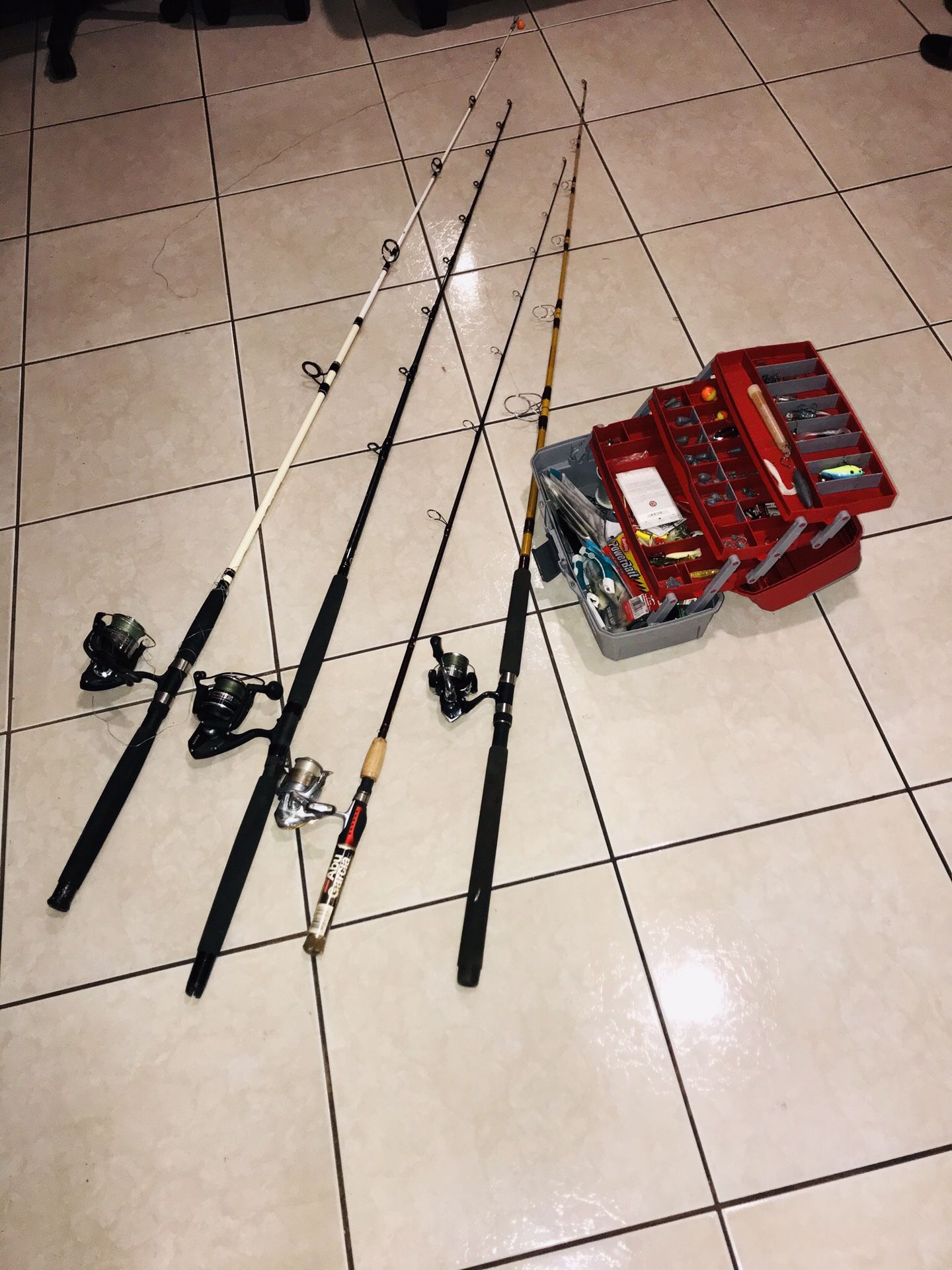 Fishing poles and reels . Fishing kit box .5 Fishing reels- SHIMANO - CONOLON -tricor . Price for all together