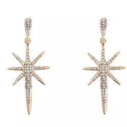14K Gold plated Crystal SNOWFLAKE North STAR long dangle stud earrings