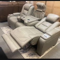 ✨ Brand New👉 Genuine Leather Power Reclining Sofa With Adjustable Headrest Light Gray💫 Pull Down Table, USB Charging💥 Best Price 📣Color Options✅