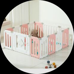 Baby Playpen with Gate Pink and White