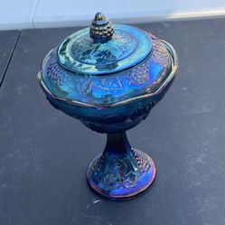 Vintage 1970s Indiana Glass "Harvest Grape" Blue Carnival Glass Candy Dish - $33