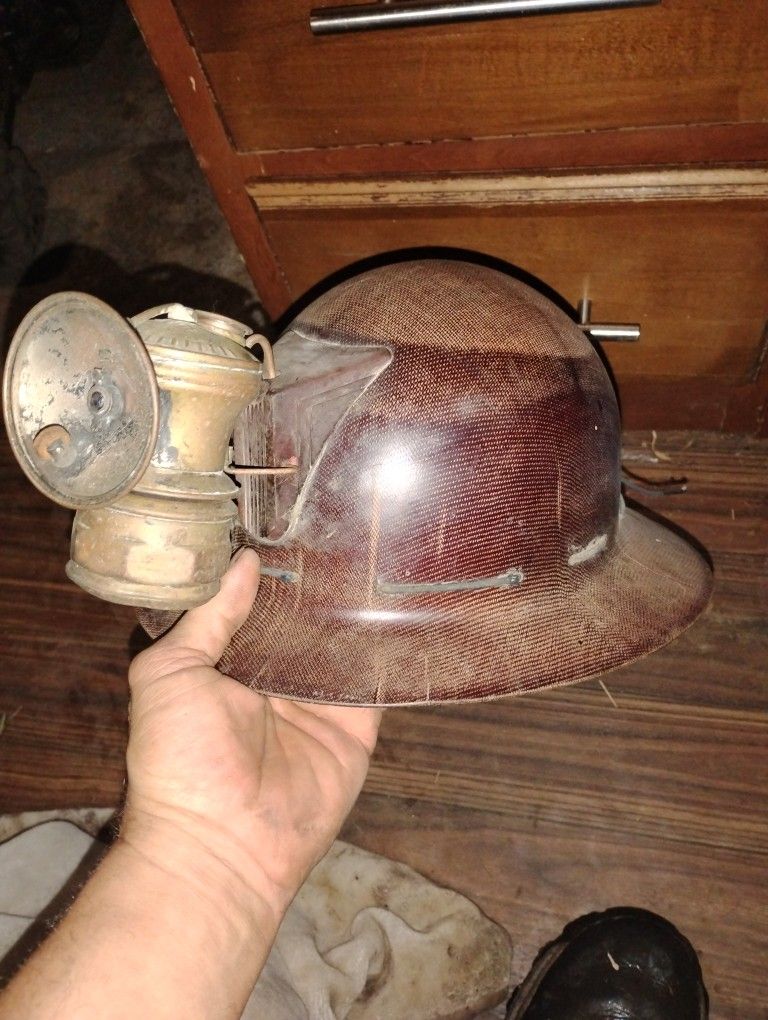 Antique Calcium Carbonate Minors Headlamp On A Original Vintage Minors Helmet