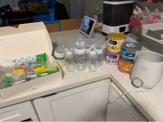 Bottles, bottle warmer, bottle brushes and formula