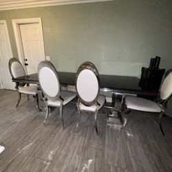 Dinning Set luxury Cv Table Glass Black + 6 Chair Pu 94.4 in Tempered glass 0.47 in thick Black , stainless steel legs