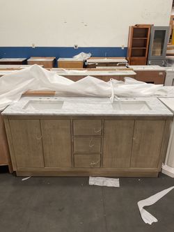 72” Grey Oak Solid Wood Bathroom Vanity with Marble Top (V196)