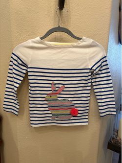 NWT~MINI BODEN Girls Kids Blue White Striped Colorful Bunny Top Size 6-7Y