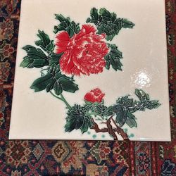 Asian Tile Art ready to hang red peony flowers off white ceramic crazing 