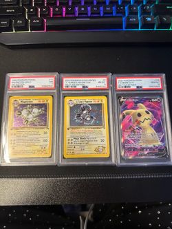 PSA 10 Mimikyu #148, PSA 7 Magneton 1st Ed #11, PSA 8 Lt Surges Magneton 1st Ed #8. TRADE Pokemon