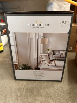 Downbridge Floor Lamp with Shade Black/Tan - Threshold™: Ambient Light, Metal Base, Linen Drum