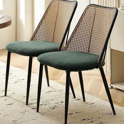 New Boucle Emerald Green Rattan Cane Black Modern Contemporary Boho Style Dinning Chairs