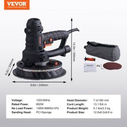 VEVOR Drywall Sander, 800W Electric Sander with 12 Sanding Discs, Variable Speed 1 RPM Wall Sander with Automatic Vacuum Dust Collection Syste