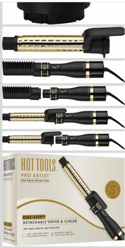 Hot Tools Pro Artist 24K Gold Collection One-Step Detachable Dryer & Curler. Black and gold finish with detachable barrel and handle components,