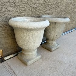 PAIR CONCRETE  PLANTERS. SOLID GREAT CEMENT GARDEN POTS.    HAS DRAINAGE   . (H-20Inches W~16 Inches ) $85.oo