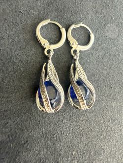 Dark Blue Zircon Sterling Silver Drop Earrings