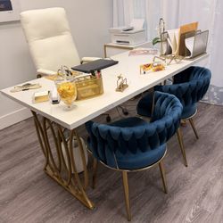 Large Office Desk With Two Blue Chairs 
