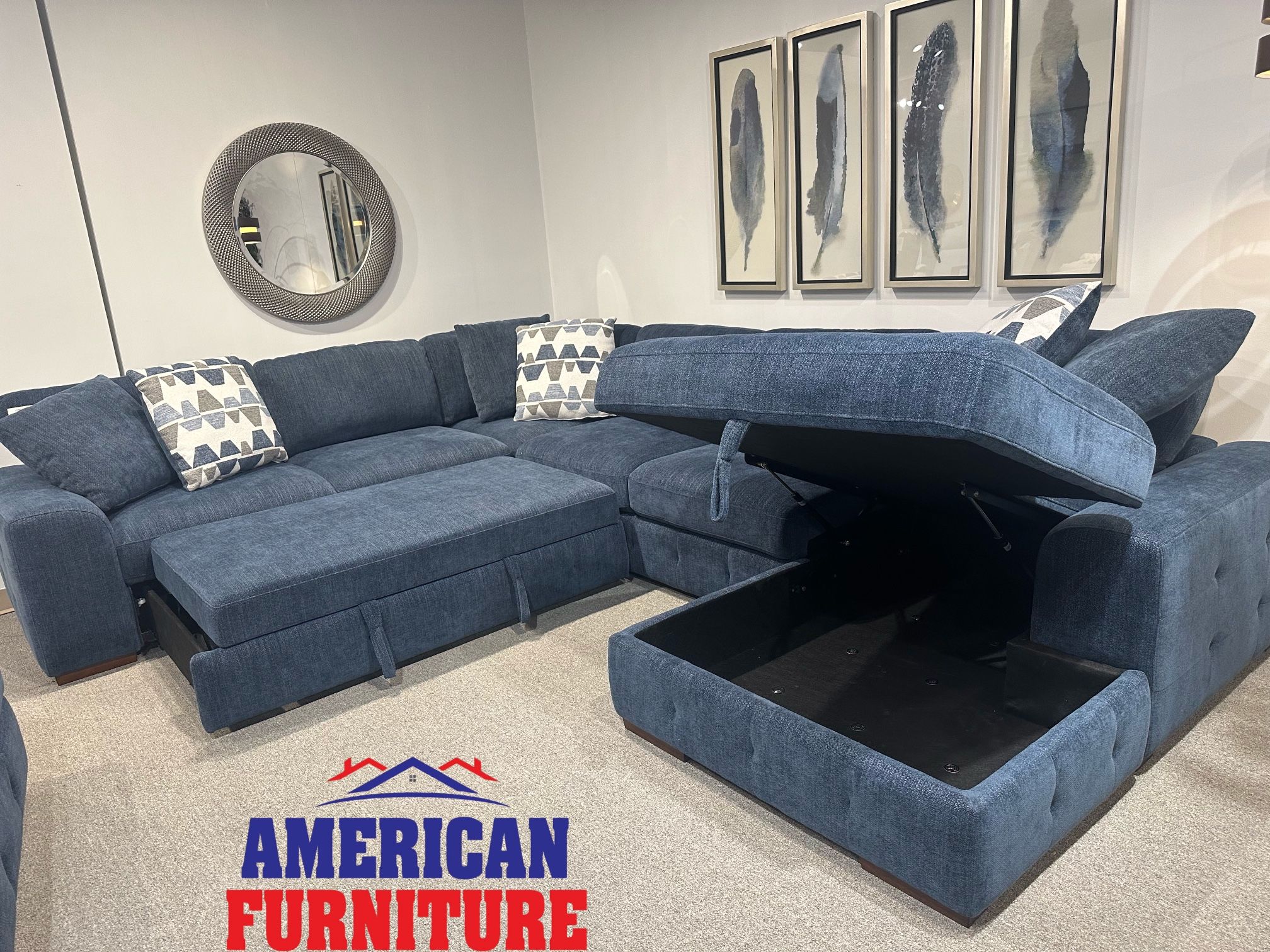 Navy Blue Sofa Sectional W/ Pull Out Sleeper
