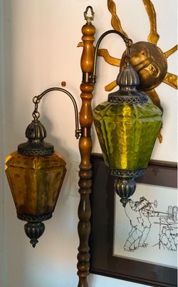 Vintage MCM Mediterranean Spanish Revival Double Lantern Floor Lamp – Amber & Avocado Green 1960s