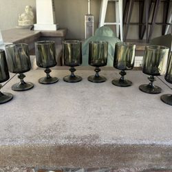 8 Vintage Indiana Glass Colony Nouveau Footed Water Goblet Smoke Green  