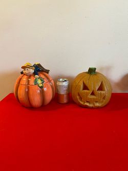 *$20 For BOTH* Blow-mold Jack-o’-Lantern & Ceramic Pumpkin & Scarecrow Cookie Jar Halloween