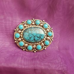 Vintage Southwestern Brooch Signed Bell Nickel-Silver Faux Turquoise
F12