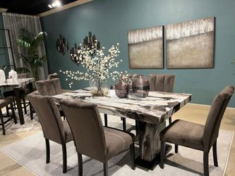 Contemporary, Marble look dining set to create and elevated feel
