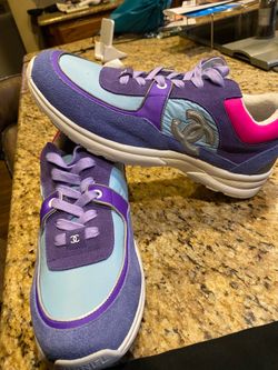 Chanel Wmns Sneaker 'Ivory Blue' featuring purple suede, blue panels, and a silver CC logo sz 43