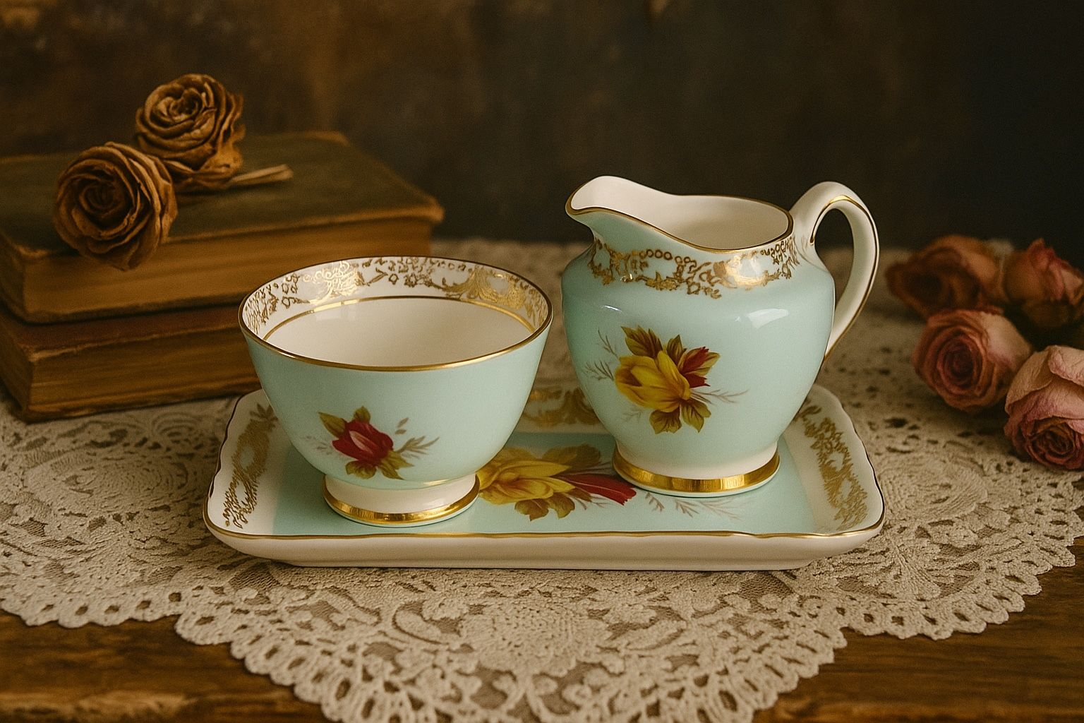 Sutherland England 1950s Creamer Sugar Bowl Serving Tray Blue Floral Gilt