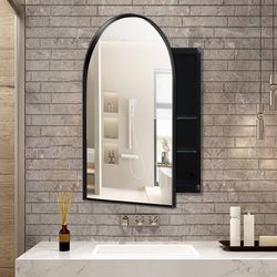 24x36 Inch Arched Recessed Medicine Cabinet - Metal Framed Bathroom Wall Cabinet with Mirror & Adjustable Shelves (Matte Black)