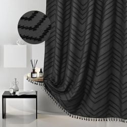 Extra Long Black Boho Chevron Shower Curtain with Tassel
