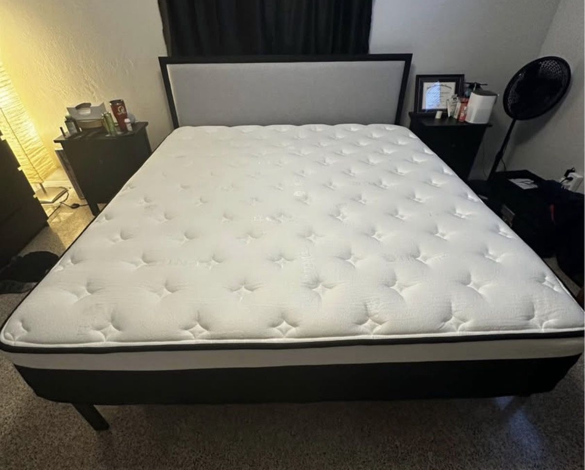 Rest Haven Metal Platform Bed Frame with Upholstered Headboard, King, Gray