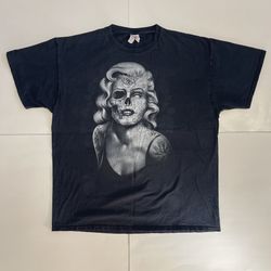 Vintage Marilyn Monroe Tattoo Skull Skeleton Men’s Black T Shirt Size XL