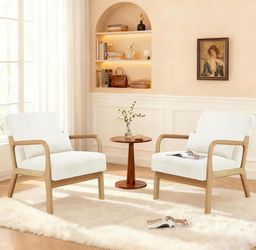 Brand-New In Box / Set of 2 Mid-Century White Cream Corduroy Reading Lounge Armchairs with Waist Cushion