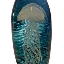 Glow In The Dark UV Art Glass Paperweight Jellyfish Fish Figurine Heavy