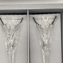 Waterford Crystal Champagne Flute Millenium Collection ~ Happiness SET of 2 NEW in Original Box & Papers 