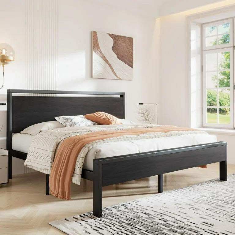 Black Oak King Size Metal Platform Bed Frame with Wooden Headboard & Footboard, Adult