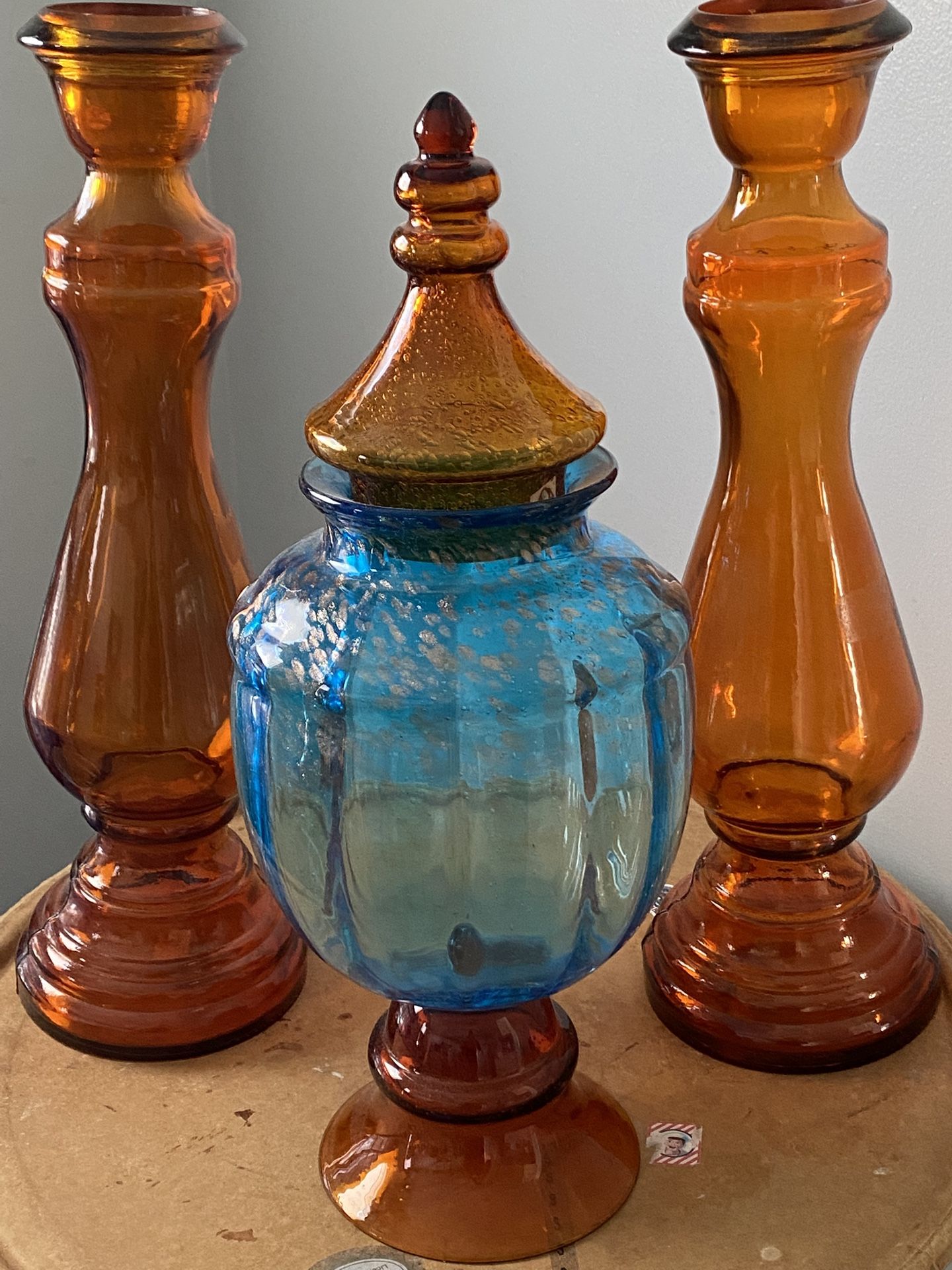 This is a vintage Empoli glass apothecary jar And vintage amber glass vase.