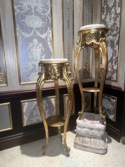 Pair-3 ft Custom Gold Look & Marble Top Pedestal Stands- Statement Pieces