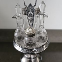 Antique Cruet Set,   Condiment castor Etched Glass S/P, Vinegar & Oil, Sugar 