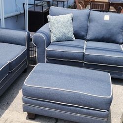Blue Sofa,  Loveseat And Ottomon 