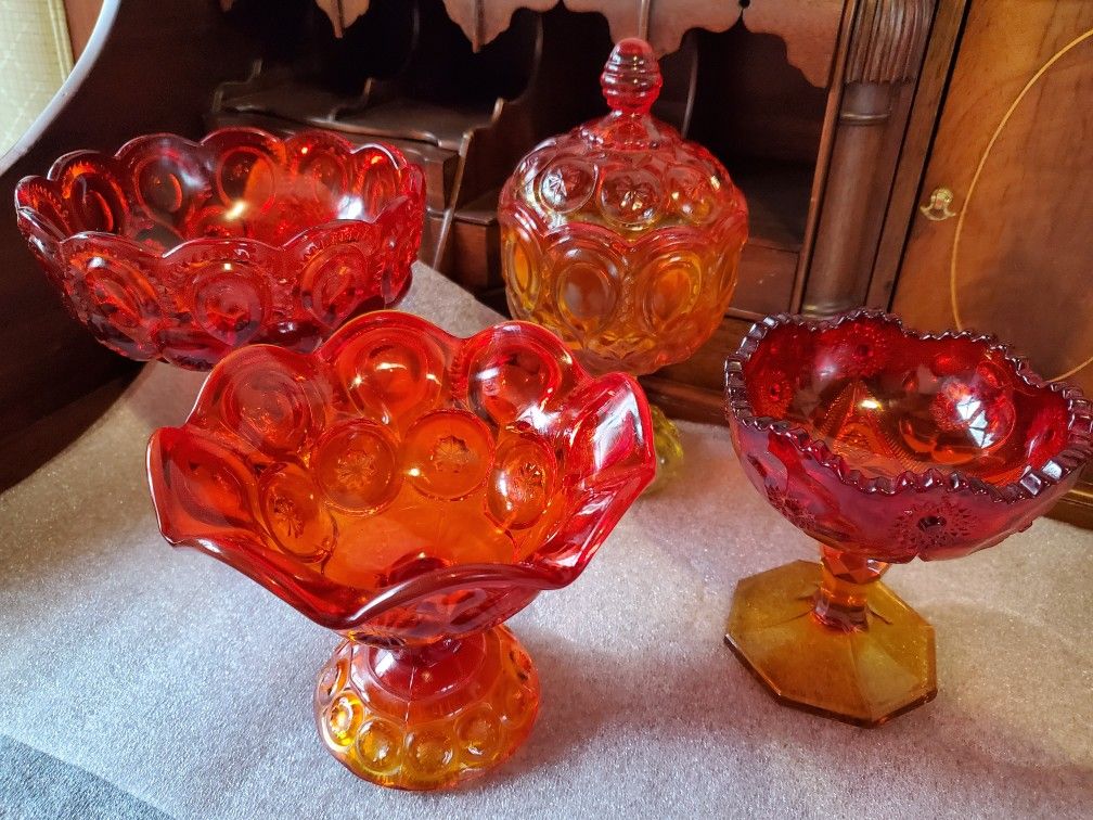 4 vintage amberina red yellow fenton glass jar dishes decor