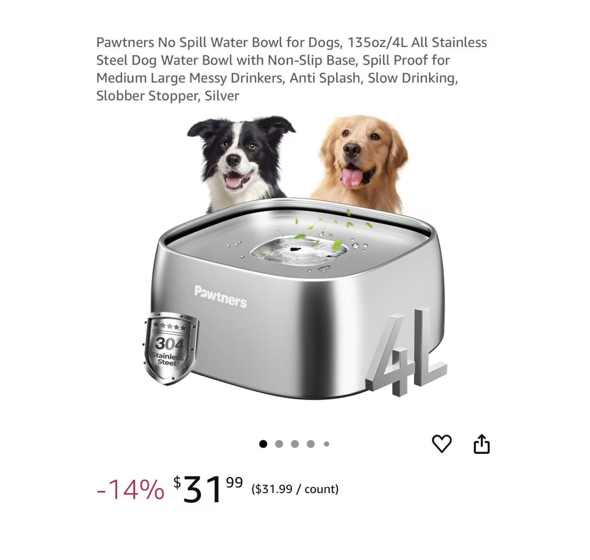 Brand new No Spill Water Bowl for Dogs, 135oz/4L All Stainless Steel Dog Water Bowl with Non-Slip Base, Spill Proof for Medium Large Messy Drinkers, A