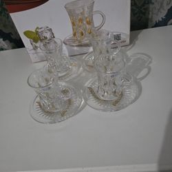 Alpine Cuisine Embossed Glass Turkish Coffee Cups And Saucers