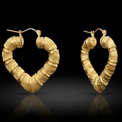 14K Pure Gold - Heart Shaped Bamboo Hoop Earrings