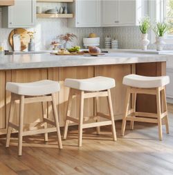 Set of 3, 24 inch Barstools with Sturdy Wood Legs beige fabric