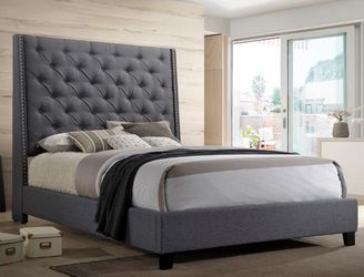 SALE!! NEW Grey UPHOLSTERED TALL TUFFTED Bed FRAME KING QUEEN$10 DOWN