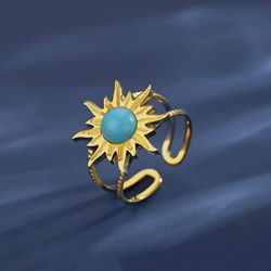 Stainless Steel Gold Plated Fashion Design Trendy Turquoise Sunflower Ring