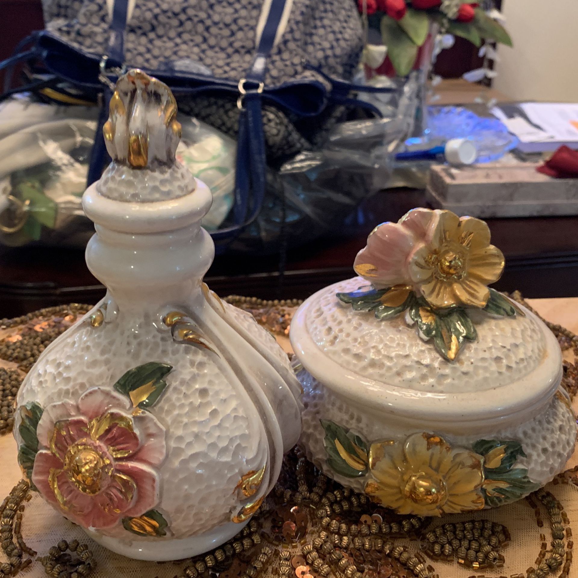 Ceramic Collectible Items 2Capodimonte-Style-antique W/ Gold Plated Trimmed -2-Covered Jelwry/powder Made in Italy 