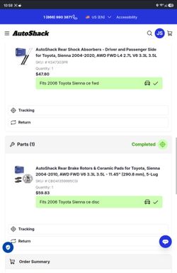 2006 Sienna AWD XLE rear struts and rotor, pads for disk brakes, NIB