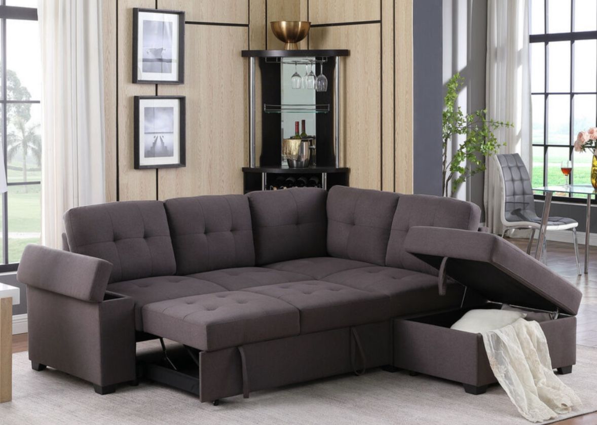 87.75" Brown Linen Sleeper Sectional Sofa with Storage Ottoman, Storage Arm