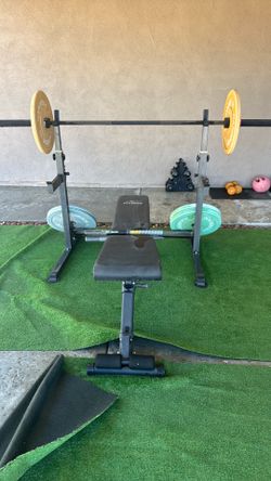 Flybird Weight Bench and Handbode Barbell set with plates